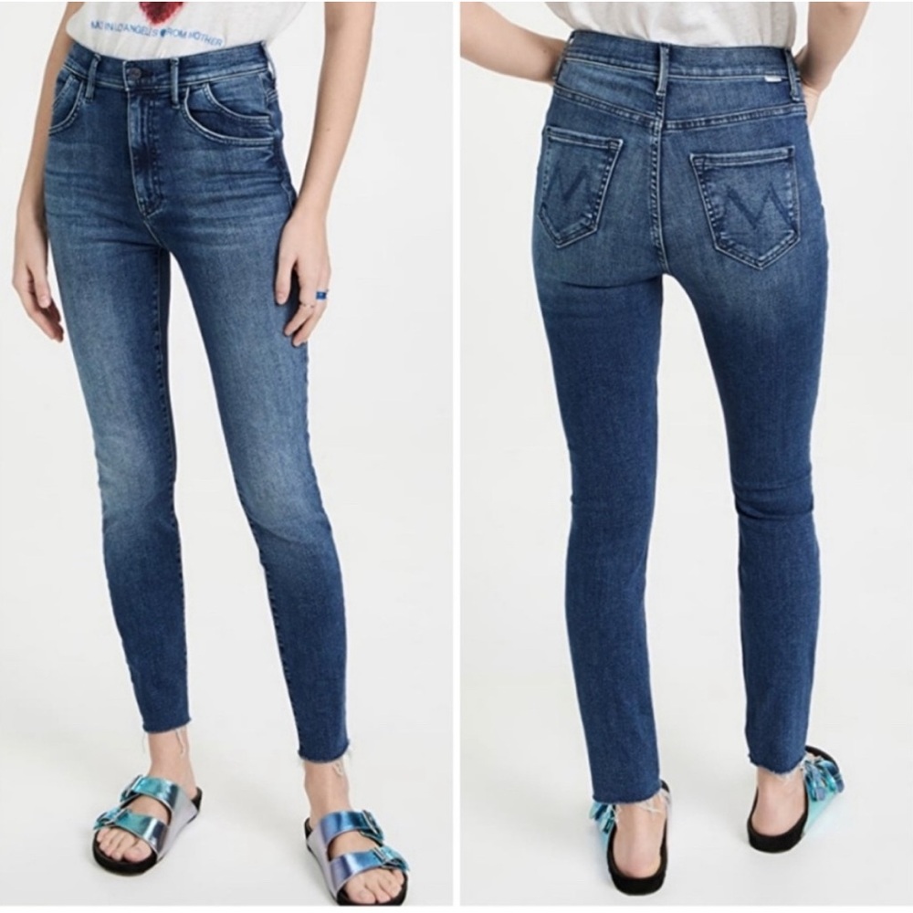 MOTHER The Stash Swooner Ankle Fray Blue Denim Jeans Raw Hem Skinny Size 29